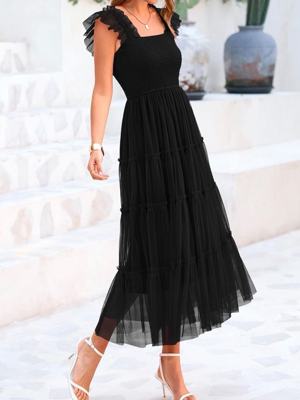 NWT Smocked Bodice Black Ruffle-Strap Maxi Dress, Medium
